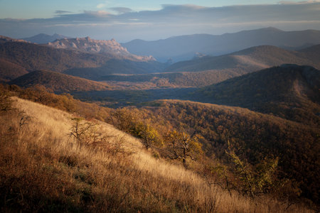 Autumn forest and mountains at sunsetの写真素材