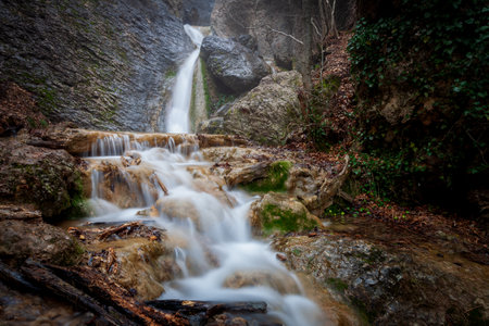 Small waterfall in the forest running over rocksの写真素材