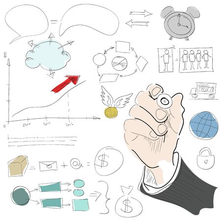 hand writes a pen on a whiteboard a business planのイラスト素材