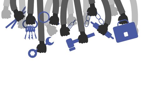 Hands holding the working tools , a magnifying glass , hammer, thermometer , bag , wrench on a white background , labor dayのイラスト素材