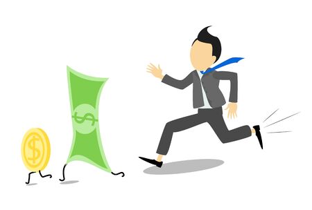 Businessman running for banknotes or bills, the US dollarのイラスト素材