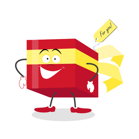 Gift, Present red cube gift box . Cartoon character greetings . Vectorのイラスト素材
