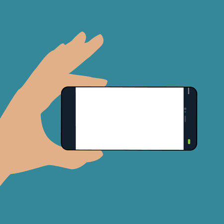 Human hand holding the phone horizontally . Black phone , vectorのイラスト素材