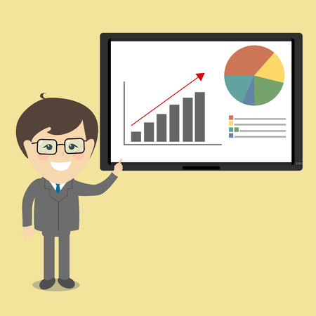 Businessman in suit and tie doing a presentation explaining the monitor chart . Sleek style vector illustration .のイラスト素材