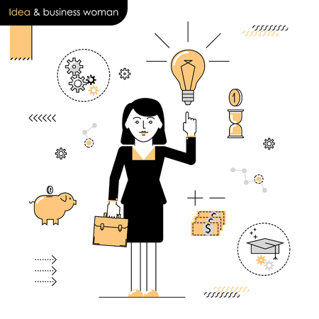 Business woman with an idea. Illustration woman enlightened idea. Linear flat vector on a white backgroundのイラスト素材