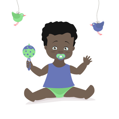Baby boy sitting with a rattle. Vector cartoon illustration. American, Africanのイラスト素材