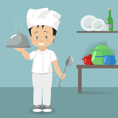 Boy chef is in the kitchen holding a tray with ready-made meals. Vector illustrationのイラスト素材