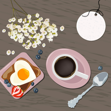 Breakfast view from above. Vector illustration of a cup of coffee, toast and eggs. Flowers. Vector illustrationのイラスト素材