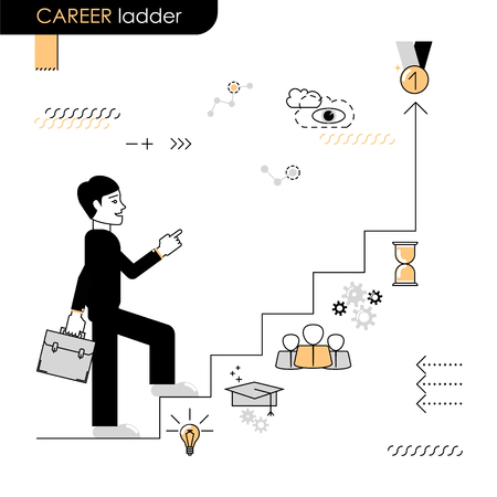 Career ladder. Concept move up the career ladder. Stages of transition to another stage. Vector flat line on a white backgroundのイラスト素材