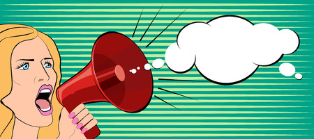The woman speaks in a megaphone. Vector illustrationのイラスト素材