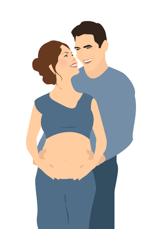 Couple waiting for baby. Pregnancy. Man hugs a pregnant woman. A happy family. Vector illustrationのイラスト素材