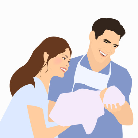 Parents, father holding newborn after delivery. A happy family. Vector illustrationのイラスト素材