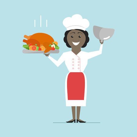 Chef African American woman holding a hot dish. Turkey roast. Vector flatのイラスト素材