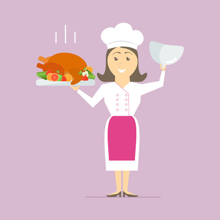 A female chef in the kitchen, holding a hot dish. Turkey on the grill with vegetables. vectorのイラスト素材