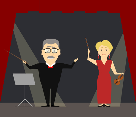 The conductor and first violin standing on the stage. The woman violinist. Vector illustrationのイラスト素材