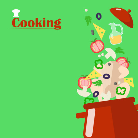Cooking soup. Ingredients for the soup are falling in a pot.のイラスト素材