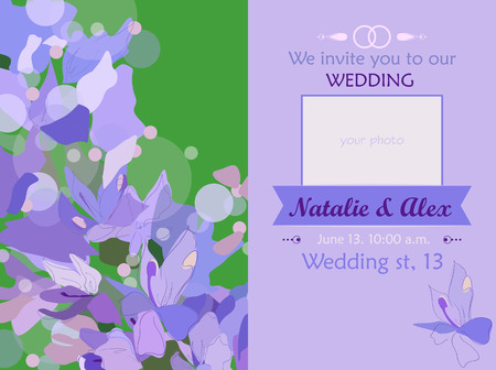 Wedding card with your photo. Wedding card on a floral lilac backgroundのイラスト素材