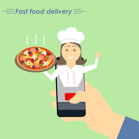 Online pizza delivery. The concept of e-commerce: online food ordering website. Fast food delivery service online courses. Flat vector illustration.のイラスト素材