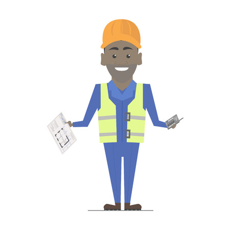 Builder man African American working. Architecture vector construction workのイラスト素材