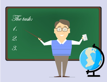 Teacher man points to the school board. Teacher job. Vector flatのイラスト素材