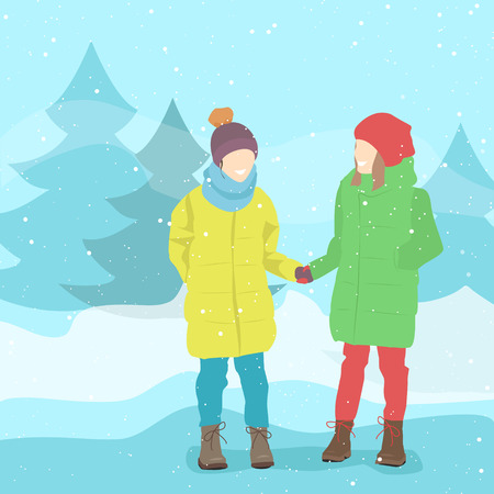 Girl friends in winter clothes. Winter landscape, snow. Vectorのイラスト素材