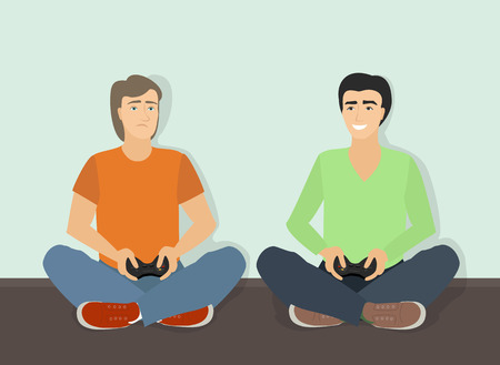 Computer game. Two guys are playing computer game, wins and loses. Vectorのイラスト素材