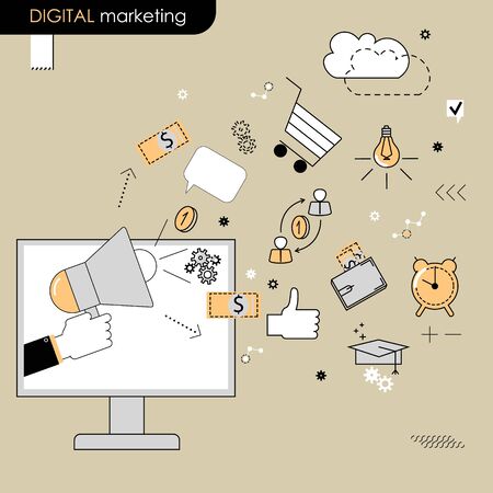 Digital marketing concept. The hand holding a megaphone. Vector flat lineのイラスト素材