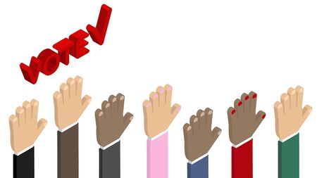 Hands vote. Men's, women's hands vote in elections. Vector isometric plane.のイラスト素材
