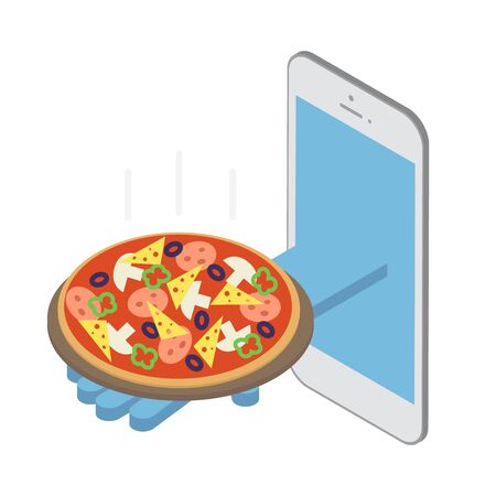 Concept, pizza delivery under the order. Fast delivery over the Internet. Vector isometricのイラスト素材