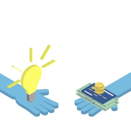 The concept of mutually beneficial exchange. Hand gives an idea of ???? ??the hand gives money. Vector isometricのイラスト素材