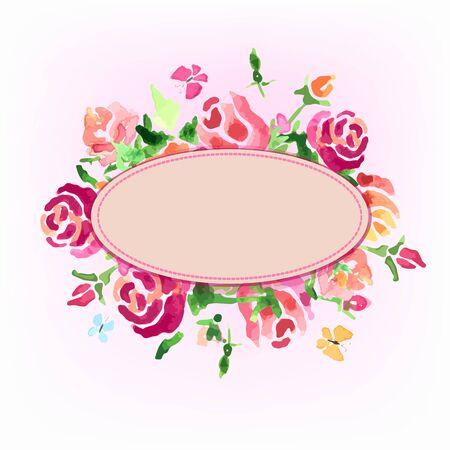 Watercolor flowers of roses with an oval in the center. Valentine's Day. Vectorのイラスト素材