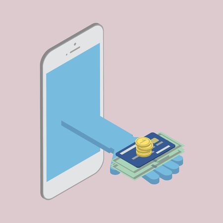 The concept of cash money on the phone. Remittances, Banking & Finance isometricのイラスト素材