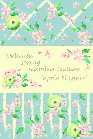 Apples and apple blossoms. Set background textures. Romantic, tender, wedding seamless texture. watercolor techniqueのイラスト素材