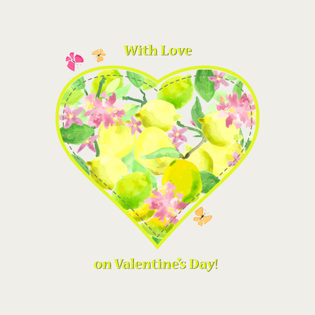 Valentine card with love at Valentine's Day. Heart with lemons and flowers Lemon.のイラスト素材