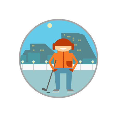 Hockey player skating with the club at the rink. City landscape.のイラスト素材