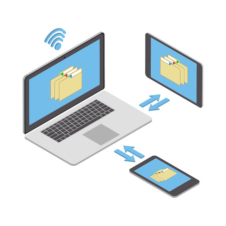Wireless technologies. The concept of wireless data transmission and sharing of information on various mobile devices.のイラスト素材