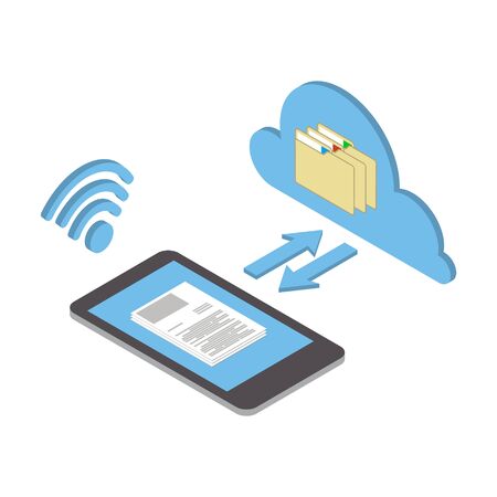 Wireless technologies. Data, documents and applications from the cloud. Vector isometric illustrationのイラスト素材
