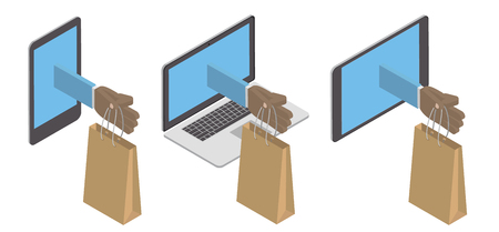 Concept, purchase, delivery of goods through the Internet. Delivery set  on the phone, tablet, PC. Vector isometricのイラスト素材