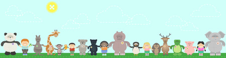 Concept, protection of animals, living in harmony. Different animals and children of different nationalities holding hands. Vector cartoonのイラスト素材