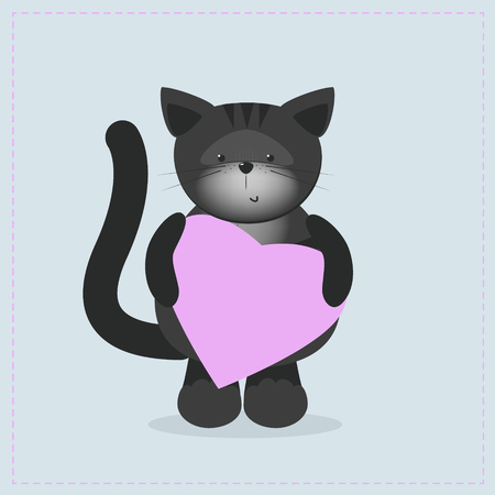 Cat holding a heart. Plush toy kitty with heart. Gift. Postcard on Valentine's Day, birthday, Mother's Day. Vector cartoonのイラスト素材