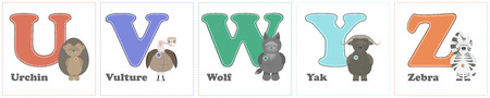 Alphabet Zoo, funny plush animals. English alphabet letters with U in Z. The vector cartoonのイラスト素材