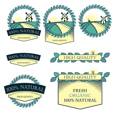 Set of logos, icons, nameplates for food. Natural, fresh quality products. Vector retro styleのイラスト素材