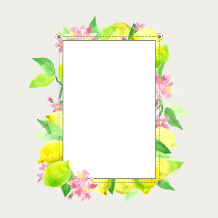 Lemon blooming. Label, card, background with frame. Vector watercolor techniqueのイラスト素材