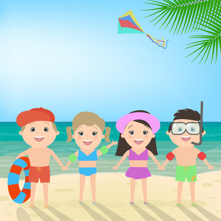 Summer beach holiday. Children on the beach. Sea landscape, vector cartoonのイラスト素材