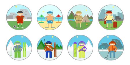 Set stickers, badges. Tourism and leisure, summer and winter kinds of sport on holiday. Vector sign, iconのイラスト素材