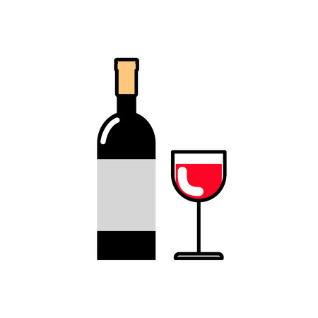 Bottle of wine and a glass of red wine. Alcoholic beverages. Icon flat lineのイラスト素材