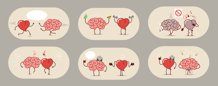The brain and the heart, set of stories. Teamwork, heart attack, healthy organs. Set of vector icons...