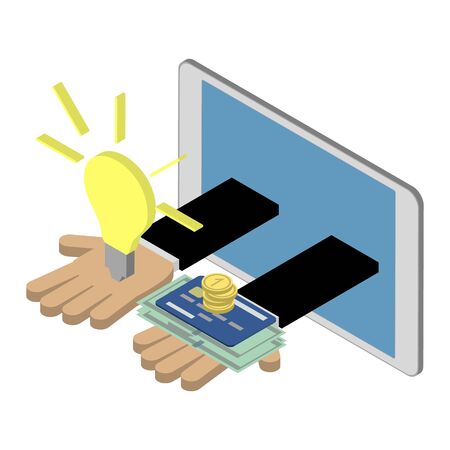 Business investment concept. Caucasian hands giving ideas and money. Isometric vector illustrationのイラスト素材