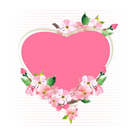 Blooming cherry. Greeting card with heart and sakura flowers. Vector watercolor techniqueのイラスト素材
