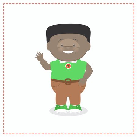 African American boy waves his hand as a sign of salute, smiling. Vector cartoonのイラスト素材